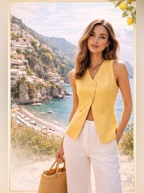 NWT Commense Yellow Linen Blend Tailored Vest  Summer | Euro Summer Quiet Luxury
